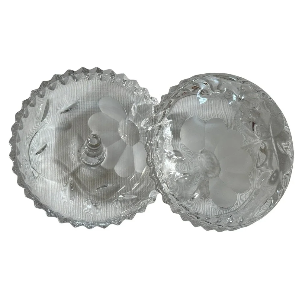 Vintage Clear Glass Ring Holder Dish Frosted Flower Design Trinket Ring Tray